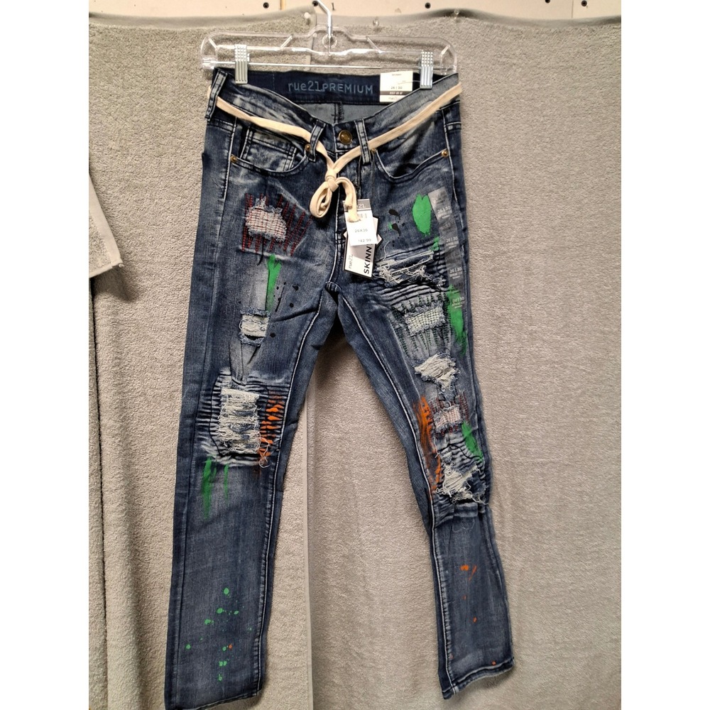 Rue21 Premium Supreme Flex Skinny Jeans Distressed Paint Splatter Blue 26x30